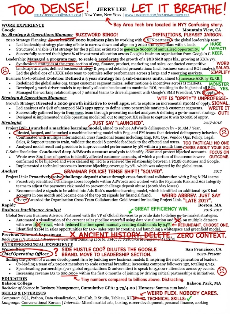 Example roasted resume with feedback annotations